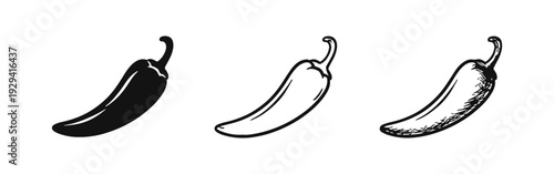 Chili Pepper Icon Set: Hot and Spicy Vegetable Symbols in Solid, Outline, and Hand-Drawn Styles for Food