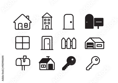 House and Property Icon Set Vector Illustration with Home, Door, Window, Garage, Fence, and Key