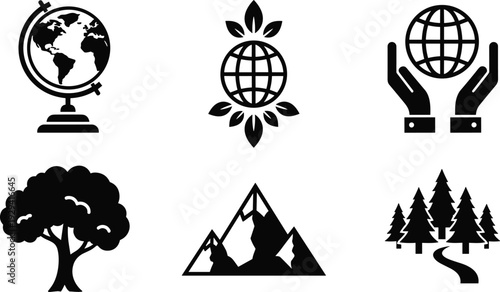 Black and white environmental icon set featuring globe earth symbols hands holding world mountains trees and forest silhouettes for ecology and sustainability design projects
