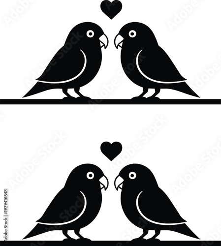 Black and white stylized silhouette illustration of two pairs of lovebirds perched with heart symbols above, perfect for romance, decorative, and artistic design purposes