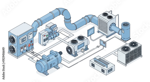 Industrial HVAC system diagram with various components and connections.