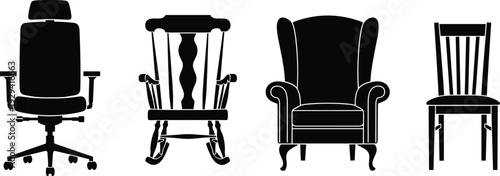 Black silhouette vector set of different chair types including office chair, rocking chair, wingback armchair, and classic wooden dining chair.