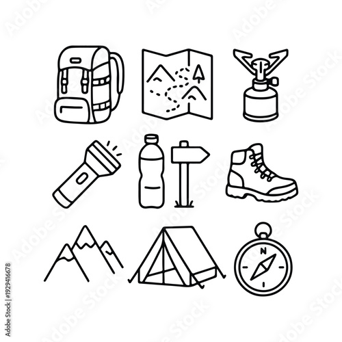 Hiking and Camping Gear Icon Set Vector Illustration with Backpack, Map, Stove, Flashlight, Tent, and Compass