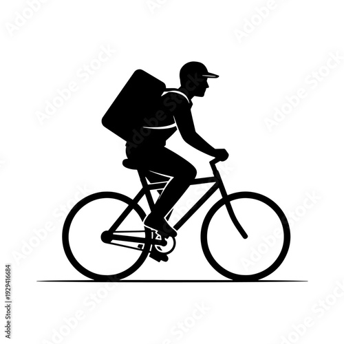 Silhouette of a delivery person riding a bicycle with a large backpack, representing courier services and fast transport.