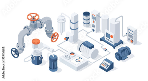 Industrial water treatment and purification system isometric illustration.