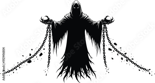 Dark hooded phantom silhouette vector illustration featuring glowing eyes and broken chains, perfect for horror, fantasy, and mysterious gothic designs.