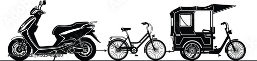 Black silhouette illustration of scooter, bicycle, auto rickshaw, and electric tricycle arranged in progression with arrows, representing transport evolution and design purposes