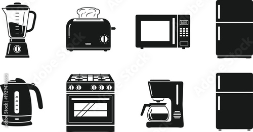 Black and white kitchen appliance icon set featuring blender toaster microwave refrigerator electric kettle stove and coffee maker silhouettes for modern home interior design