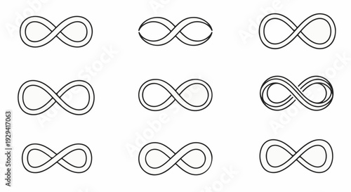 Nine variations of the infinity symbol, some with double lines and twists