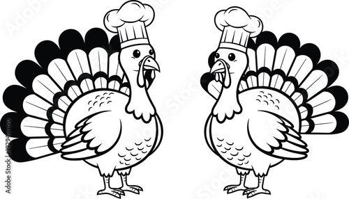 Funny cartoon turkey characters wearing white chef hats, perfect for Thanksgiving dinner promotions, restaurant menus, and festive holiday cooking designs.