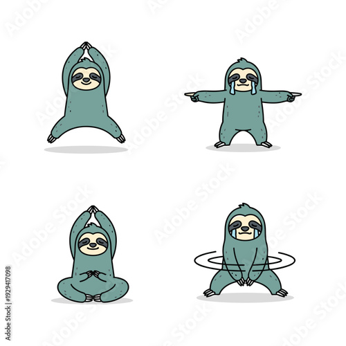 Cartoon sloth character in various yoga poses on white background with copy space