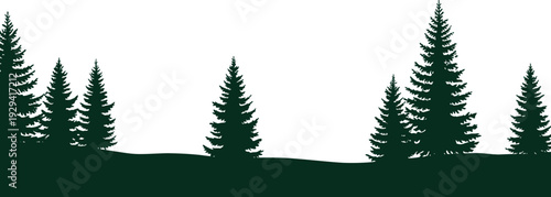 Panoramic silhouette of a pine tree forest border on a white background, ideal for nature-themed web headers, banners, and landscapes.