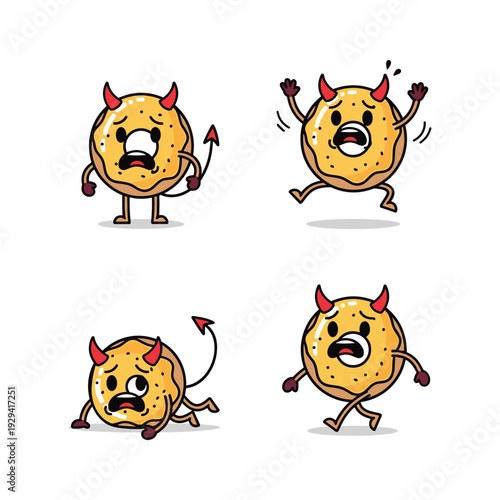 Angry cartoon cookie character with devil horns in various poses on white background