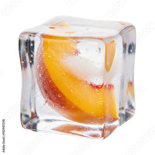 Peach slice frozen in ice cube