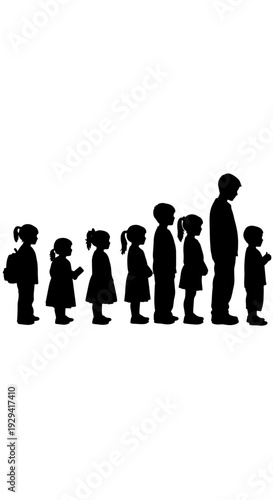 Silhouettes of children and an adult lined up by height, showing growth and development stages.