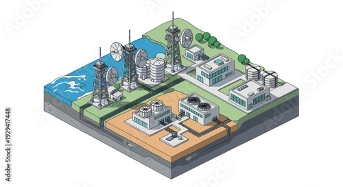 Isometric illustration of a city with various infrastructure and energy sources.