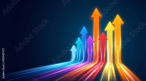 Colorful arrows soaring upwards indicating growth and success, abstract light streaks on dark blue background.