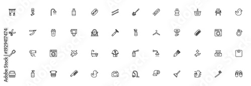 Bathroom essentials icon set. Vector collection of bathroom items including shower, toilet, mirror, towel rack, hair dryer, soap, toothbrush and more. Clean line icons.