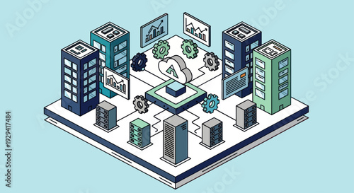Isometric illustration of a cloud computing network with data centers and servers.