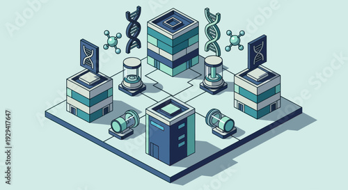 Isometric illustration of a futuristic genetic research lab with DNA structures and data processing units.