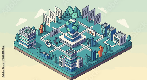 Isometric illustration of a global data network and digital information exchange.