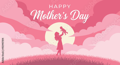 Happy mothers day celebration with mother holding baby silhouette against pink sunset sky and clouds