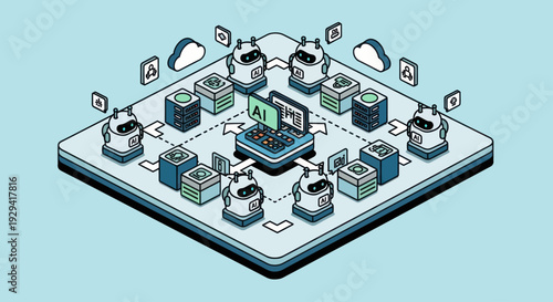 Isometric illustration of AI robots and servers connected in a network.