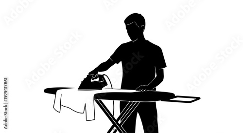 A silhouette of a person ironing a shirt on an ironing board.