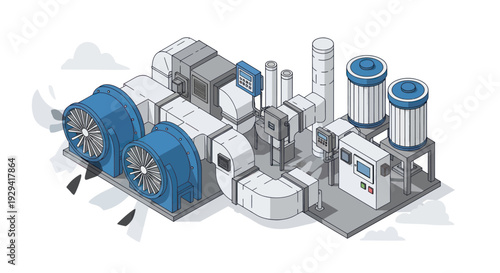 Isometric illustration of an industrial air handling unit system.