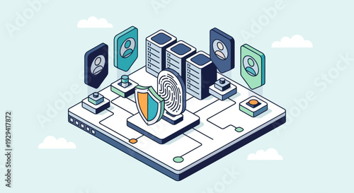 Isometric illustration of data security and privacy with servers and shield.