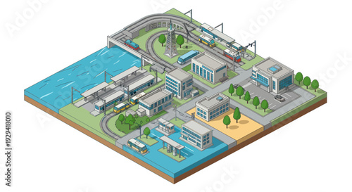 Isometric Industrial Cityscape with Factories, Trains, and Waterways.