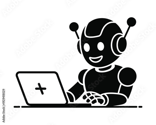 Friendly cartoon robot character typing on a laptop computer with a plus sign displayed on screen