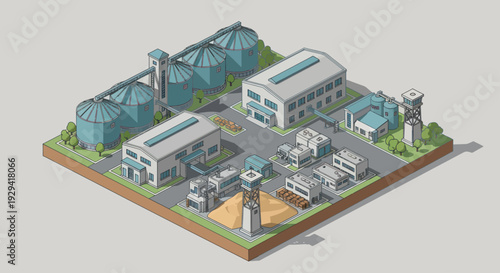 Isometric Industrial Complex with Factories and Silos.