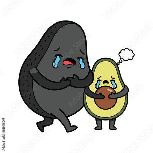 Crying black avocado comforting sad green avocado with pit, cartoon style, emotional support concept