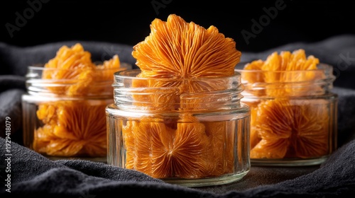 Vibrant orange dehydrated food slices artfully arranged in clear glass jars for optimal preservation and display, a healthy and natural snack option.