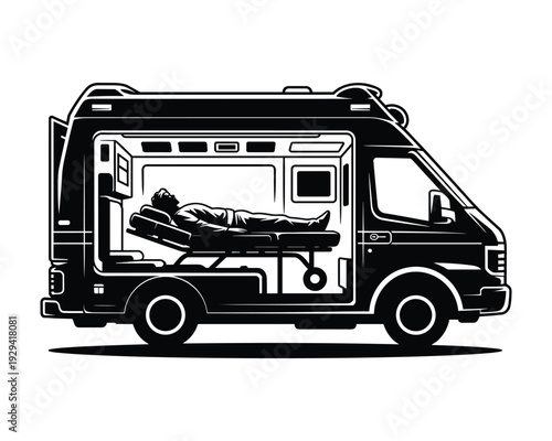 Illustration of a patient lying on a stretcher inside a detailed ambulance van interior