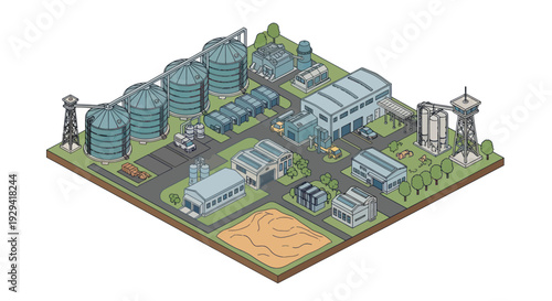 Isometric Industrial Complex with Storage Tanks and Manufacturing Facilities.