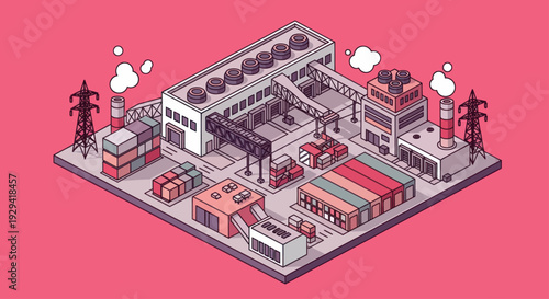 Isometric Industrial Factory Complex with Production and Storage Facilities.