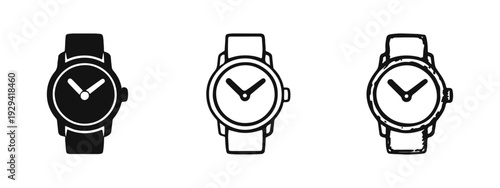 Wristwatch Icon Set: Solid, Outline, and Hand-Drawn Timepiece Symbols on White Background
