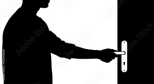A stark silhouette of a person's arm reaching for and grasping a door handle, symbolizing entry or exit.