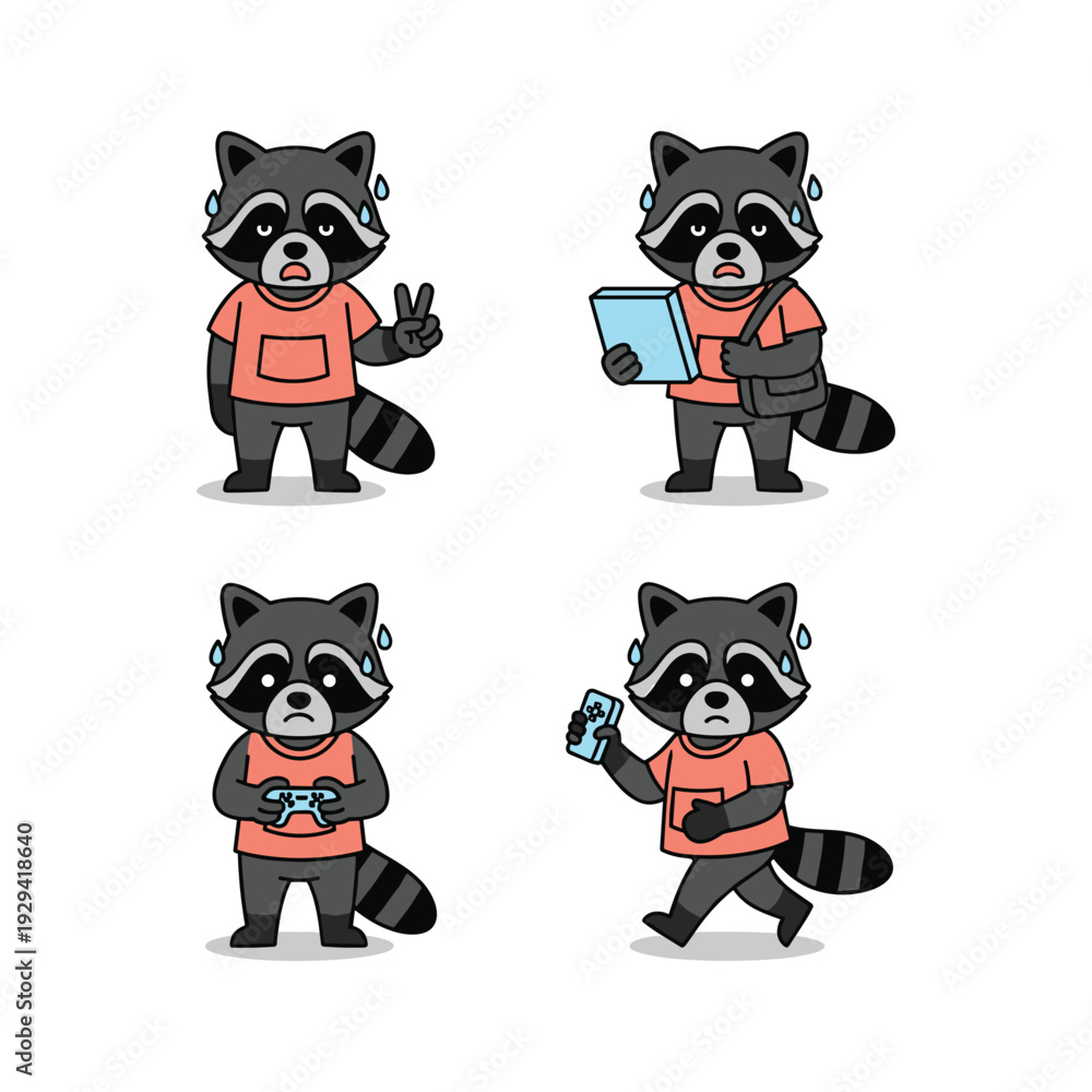 Obraz premium Cartoon raccoons in trendy outfits using gadgets with various gestures