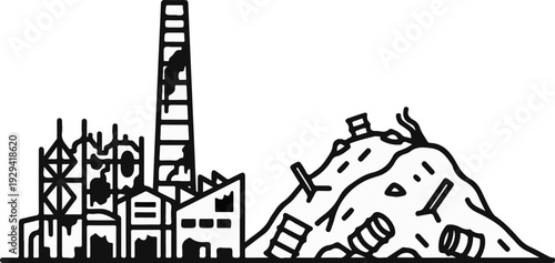 Industrial factory with a large pile of waste and debris next to it