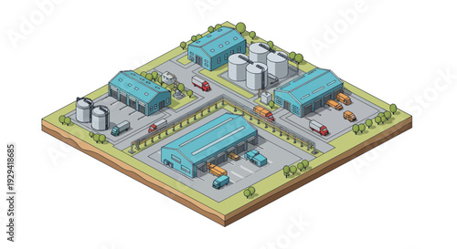 Isometric Industrial Park with Warehouses and Factories.