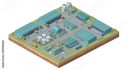 Isometric Industrial Park with Warehouses and Storage Tanks.