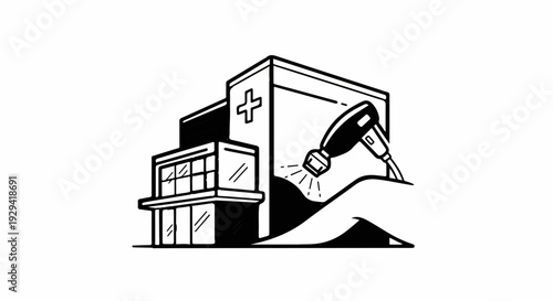 Medical building with a hand holding a high-pressure cleaner