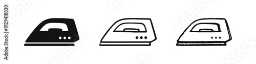 Iron Icon Set: Solid, Outline, and Hand-Drawn Laundry Appliance Symbols on White Background