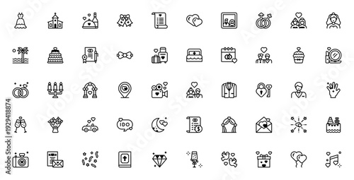 Wedding icon set. Vector illustration pack. Includes symbols for dress, church, cake, ring, bride, groom, love, ceremony, celebration and more. Editable stroke.