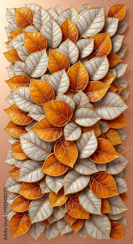 Cluster of white and orange stylized leaf with golden outline, creating a decorative, dimensional pattern. It may represent growth and elegance