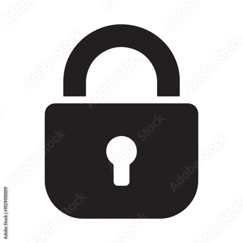 Simple black padlock icon with a rounded top and keyhole isolated on white