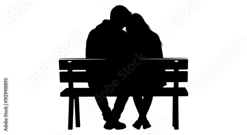 Silhouette of a romantic couple sitting closely on a park bench, showing affection and togetherness in a serene moment.